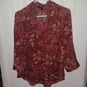 By By Red Flowers Botton Down Shirt Blouse Size M